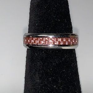 Stainless Steel Pink Carbon Fiber Inlay Band Ring, Size 7